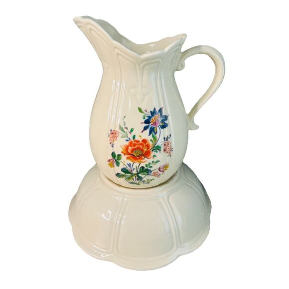 McCoy White Ironstone Pitcher Bowl # 7529 Ribbed & Flower Design Vintage USA - Picture 3 of 14